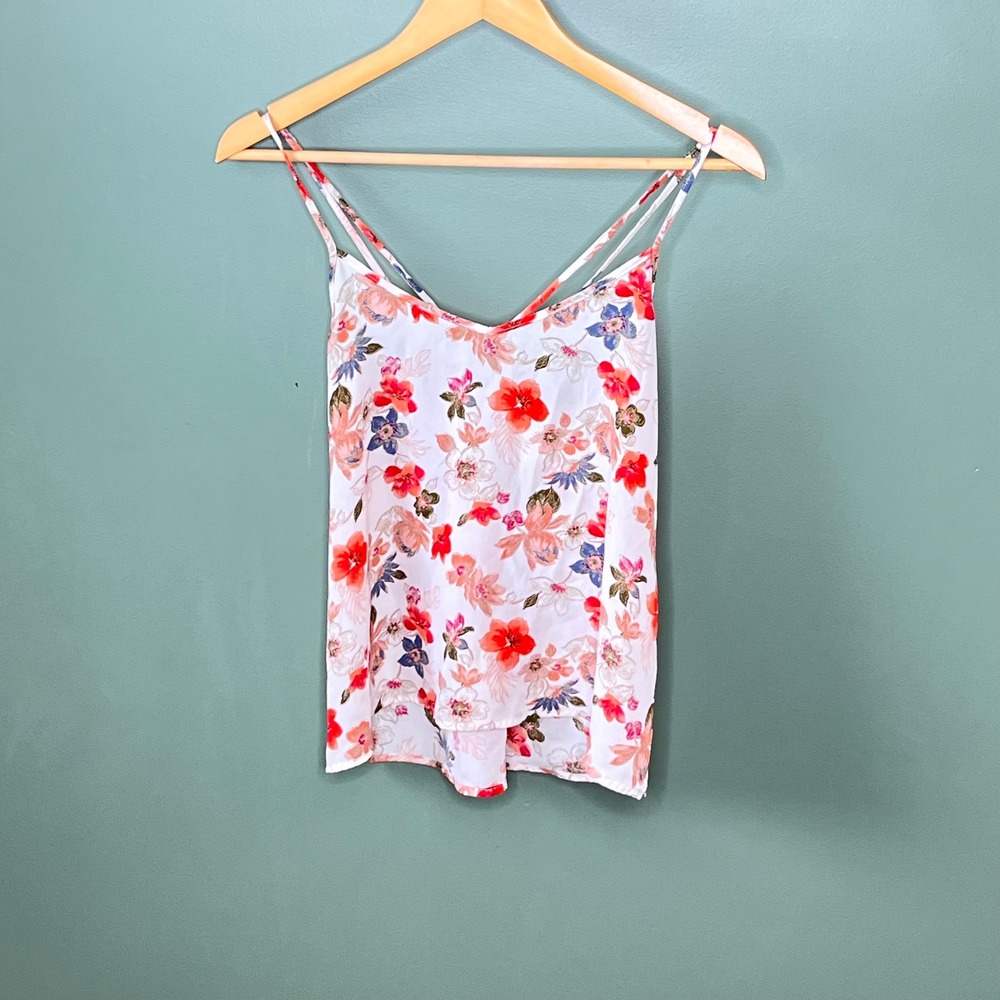 Hollister Womens Floral Strappy Cross Back Cami Top White Coral XS